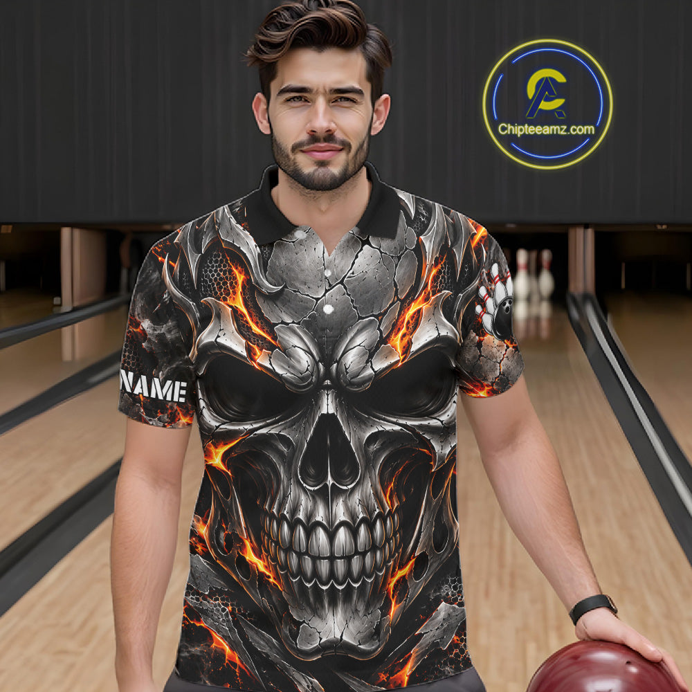 Custom Metal Skull Bowling Jersey For Men Personalized Fire Bowling Shirt, Bowling Team Uniform TDM7766