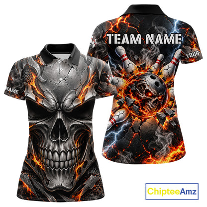 Custom Metal Skull Bowling Jersey For Women Personalized Fire Bowling Shirt, Bowling Team Uniform TDM7766