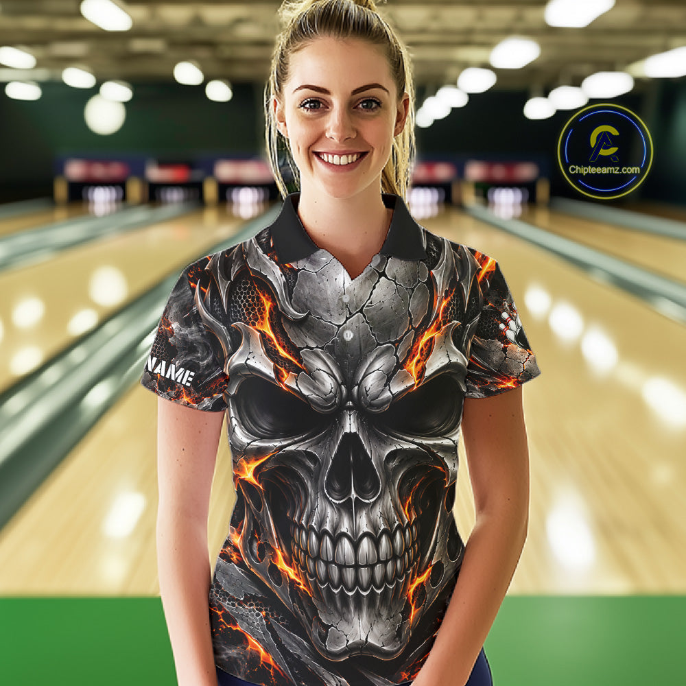 Custom Metal Skull Bowling Jersey For Women Personalized Fire Bowling Shirt, Bowling Team Uniform TDM7766