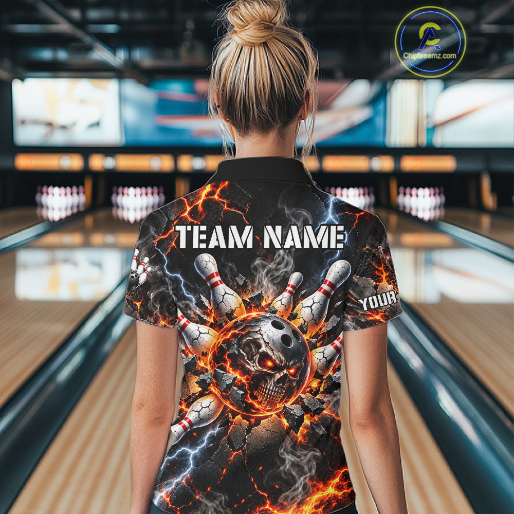 Custom Metal Skull Bowling Jersey For Women Personalized Fire Bowling Shirt, Bowling Team Uniform TDM7766