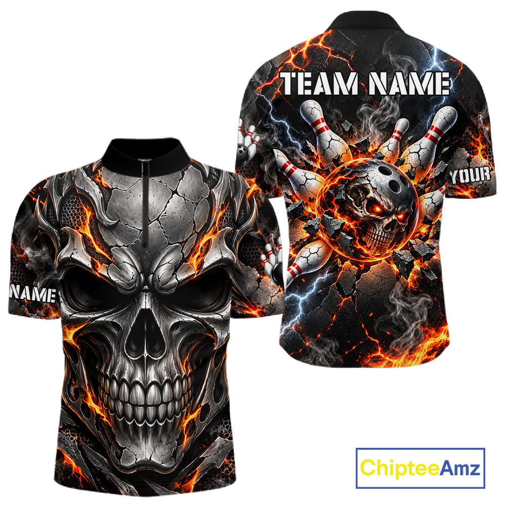 Custom Metal Skull Bowling Jersey For Men Personalized Fire Bowling Shirt, Bowling Team Uniform TDM7766