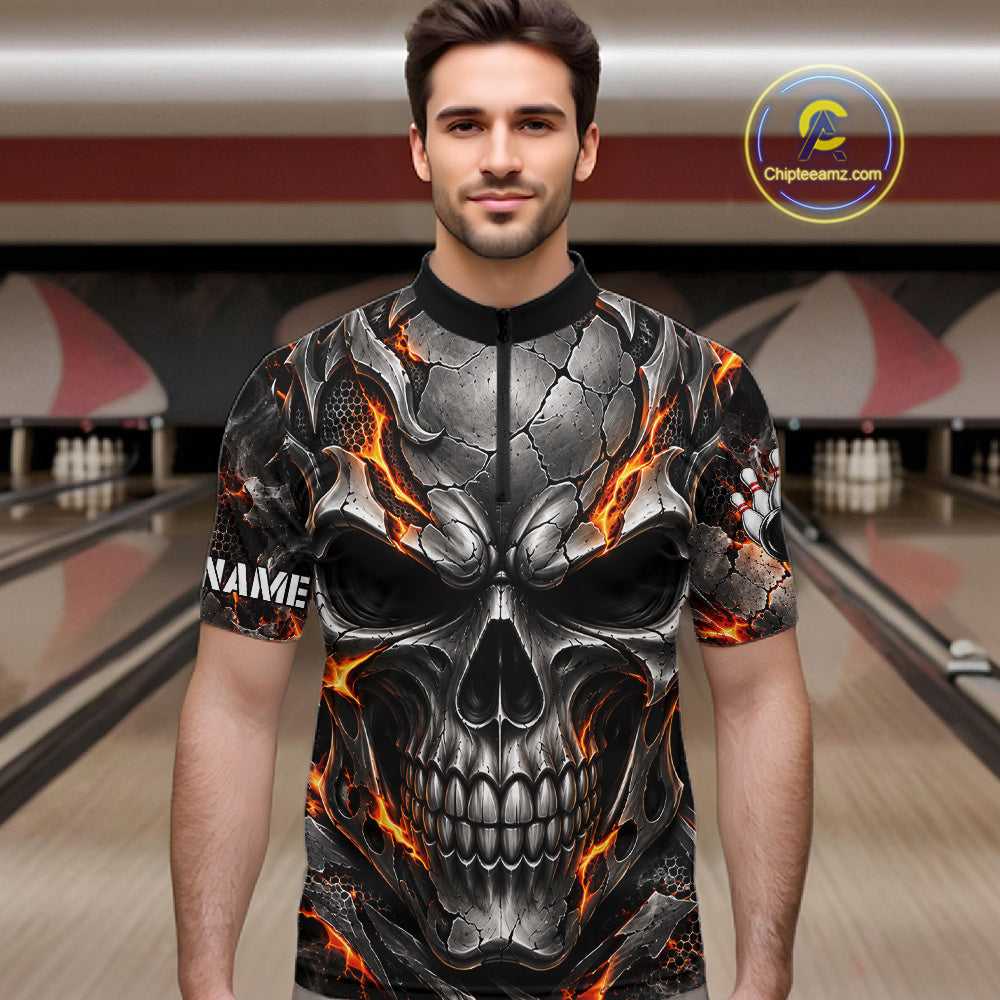 Custom Metal Skull Bowling Jersey For Men Personalized Fire Bowling Shirt, Bowling Team Uniform TDM7766