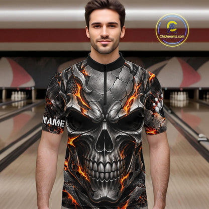 Custom Metal Skull Bowling Jersey For Men Personalized Fire Bowling Shirt, Bowling Team Uniform TDM7766