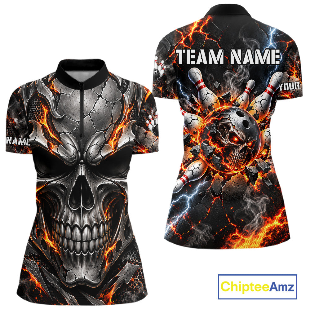 Custom Metal Skull Bowling Jersey For Women Personalized Fire Bowling Shirt, Bowling Team Uniform TDM7766