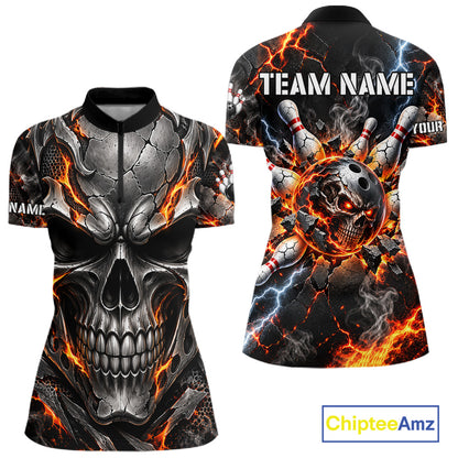 Custom Metal Skull Bowling Jersey For Women Personalized Fire Bowling Shirt, Bowling Team Uniform TDM7766