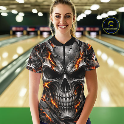Custom Metal Skull Bowling Jersey For Women Personalized Fire Bowling Shirt, Bowling Team Uniform TDM7766
