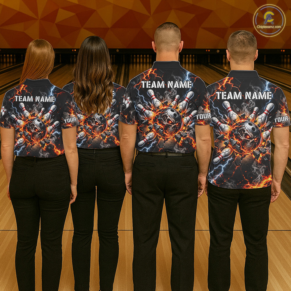 Custom Metal Skull Bowling Jersey For Men Personalized Fire Bowling Shirt, Bowling Team Uniform TDM7766