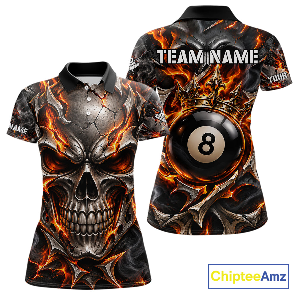 Custom Metal Skull Crown 8 Ball Pool Fire Billiard Shirts For Women, Billiard League Team Jersey TDM7767