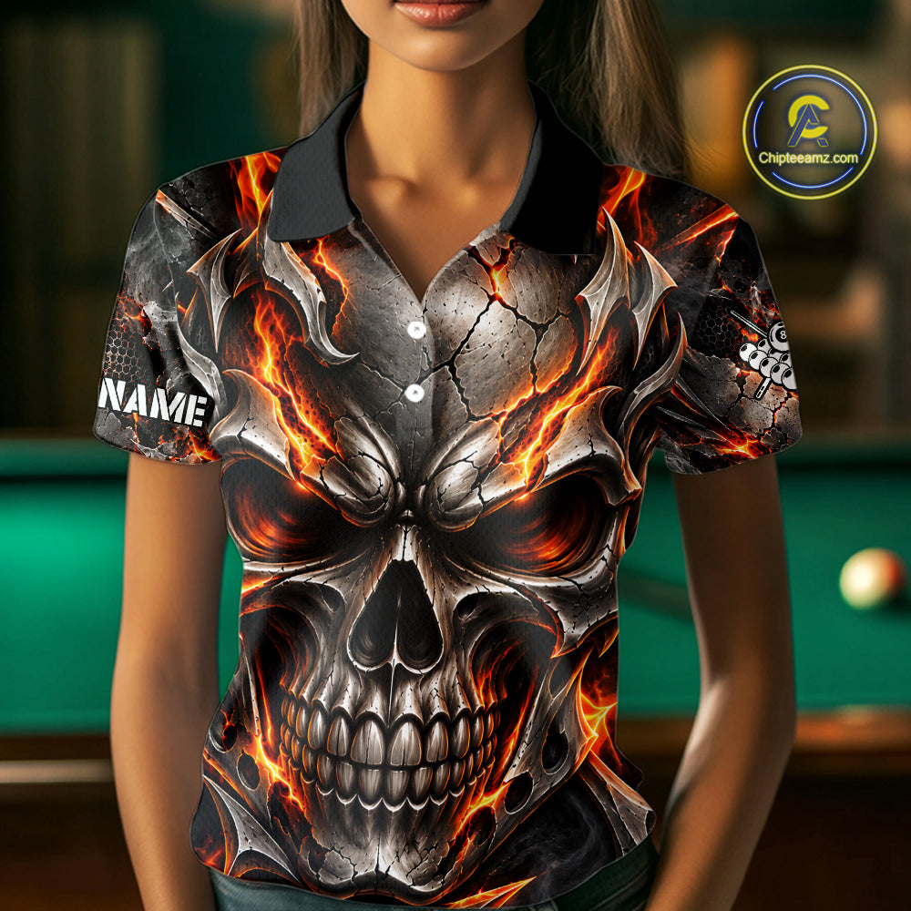 Custom Metal Skull Crown 8 Ball Pool Fire Billiard Shirts For Women, Billiard League Team Jersey TDM7767