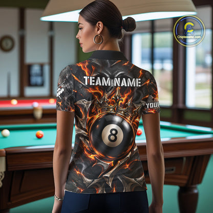 Custom Metal Skull Crown 8 Ball Pool Fire Billiard Shirts For Women, Billiard League Team Jersey TDM7767
