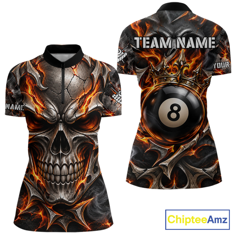 Custom Metal Skull Crown 8 Ball Pool Fire Billiard Shirts For Women, Billiard League Team Jersey TDM7767