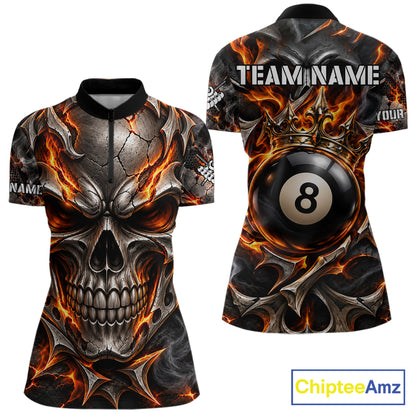 Custom Metal Skull Crown 8 Ball Pool Fire Billiard Shirts For Women, Billiard League Team Jersey TDM7767