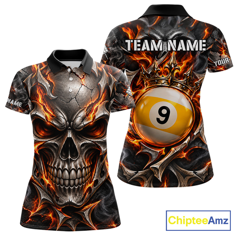 Custom Metal Skull Crown 9 Ball Pool Fire Billiard Shirts For Women, Billiard League Team Jersey TDM7768