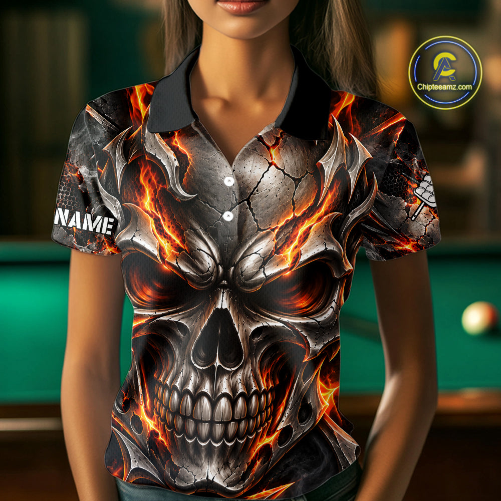 Custom Metal Skull Crown 9 Ball Pool Fire Billiard Shirts For Women, Billiard League Team Jersey TDM7768