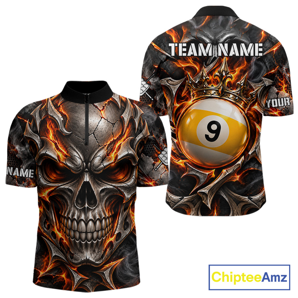 Custom Metal Skull Crown 9 Ball Pool Fire Billiard Shirts For Men, Billiard League Team Jersey TDM7768