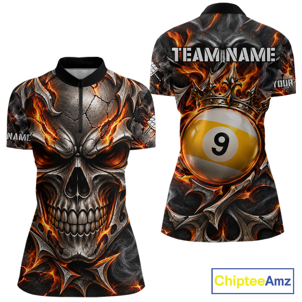 Custom Metal Skull Crown 9 Ball Pool Fire Billiard Shirts For Women, Billiard League Team Jersey TDM7768