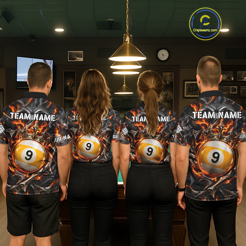 Custom Metal Skull Crown 9 Ball Pool Fire Billiard Shirts For Men, Billiard League Team Jersey TDM7768