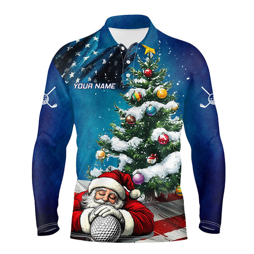 American Flag Christmas Golf Polo Shirts For Men Custom Santa Christmas Pine Tree Funny Golf Shirts TDM3160