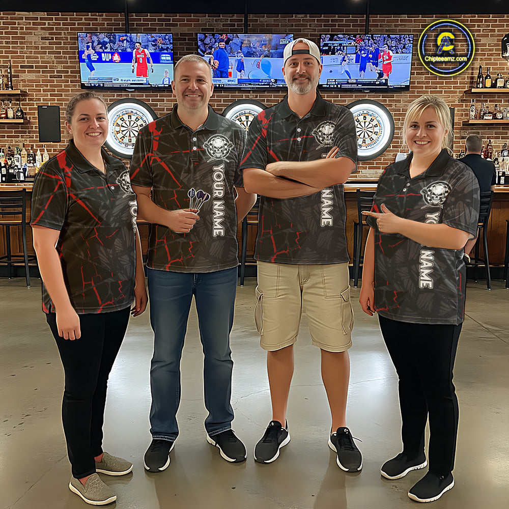 Personalized Skull Black Grunge Darts Polo & Quarter Zip For Women Custom Darts Team Jersey |Red TDM5378