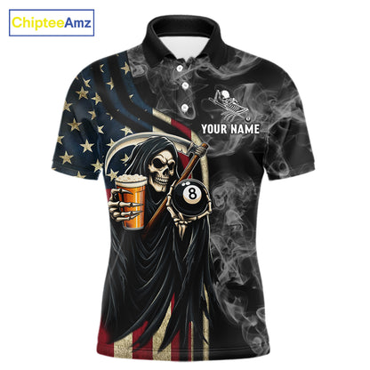 US Flag Grim Reaper Smoke Billiard Shirt For Men Custom 8 Ball Pool Team Jersey Polo & 1/4 Zip TDM6258