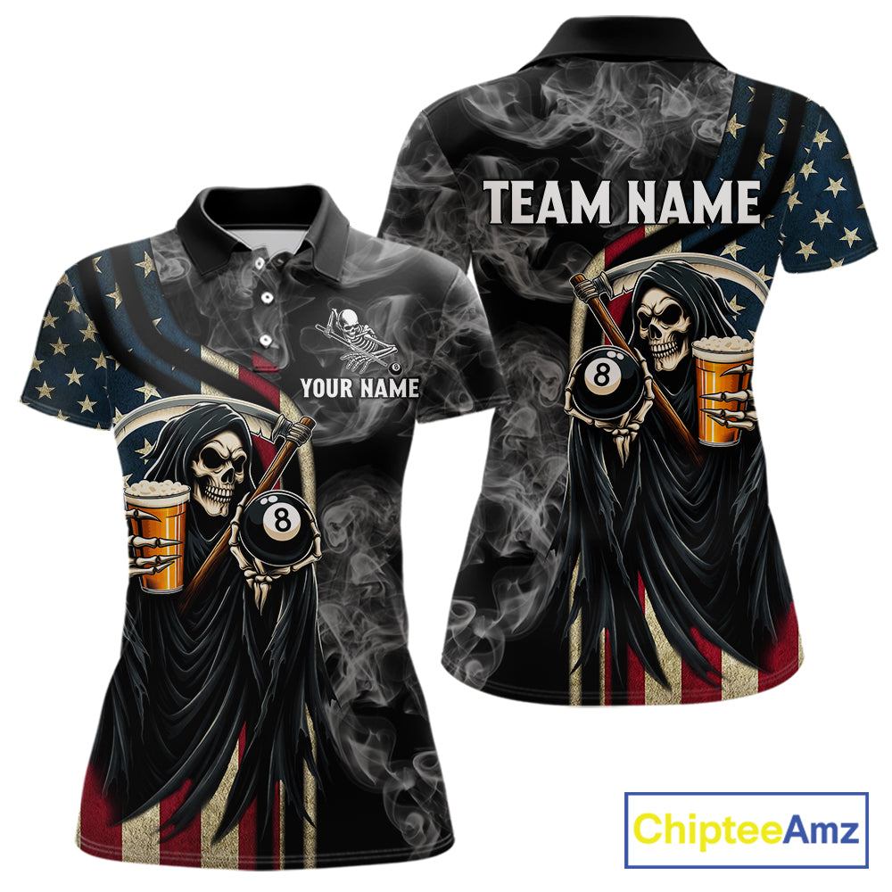 US Flag Grim Reaper Smoke Billiard Shirt For Women Custom 8 Ball Pool Team Jersey Polo & 1/4 Zip TDM6258