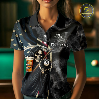 US Flag Grim Reaper Smoke Billiard Shirt For Women Custom 8 Ball Pool Team Jersey Polo & 1/4 Zip TDM6258