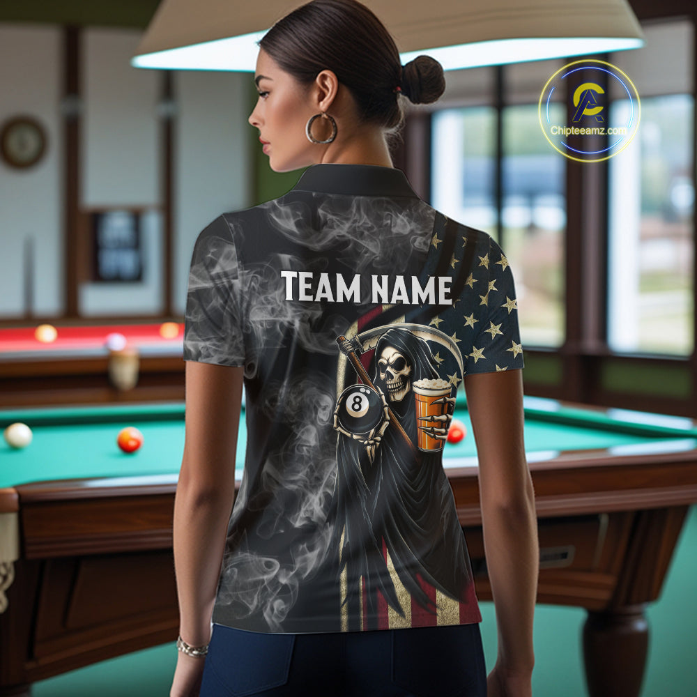 US Flag Grim Reaper Smoke Billiard Shirt For Women Custom 8 Ball Pool Team Jersey Polo & 1/4 Zip TDM6258