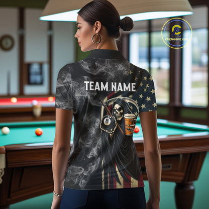 US Flag Grim Reaper Smoke Billiard Shirt For Women Custom 8 Ball Pool Team Jersey Polo & 1/4 Zip TDM6258