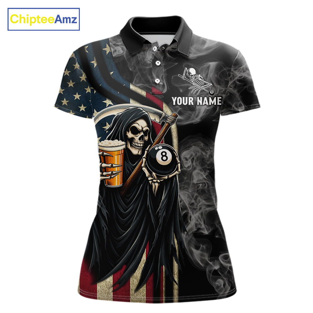 US Flag Grim Reaper Smoke Billiard Shirt For Women Custom 8 Ball Pool Team Jersey Polo & 1/4 Zip TDM6258