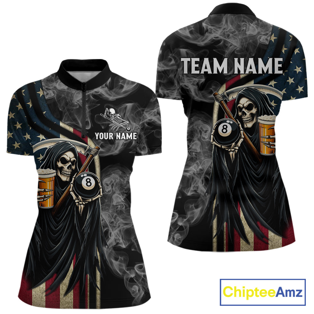 US Flag Grim Reaper Smoke Billiard Shirt For Women Custom 8 Ball Pool Team Jersey Polo & 1/4 Zip TDM6258