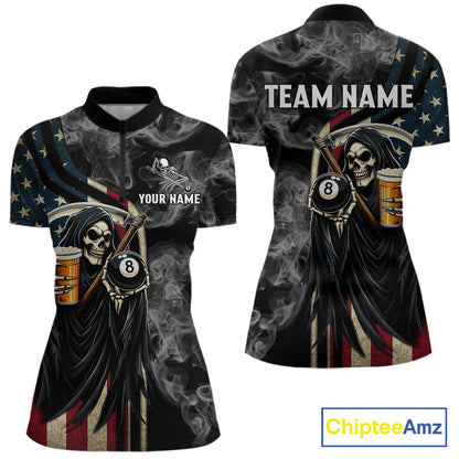US Flag Grim Reaper Smoke Billiard Shirt For Women Custom 8 Ball Pool Team Jersey Polo & 1/4 Zip TDM6258