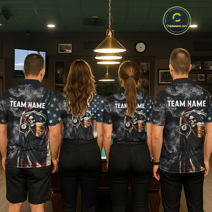 US Flag Grim Reaper Smoke Billiard Shirt For Men Custom 8 Ball Pool Team Jersey Polo & 1/4 Zip TDM6258