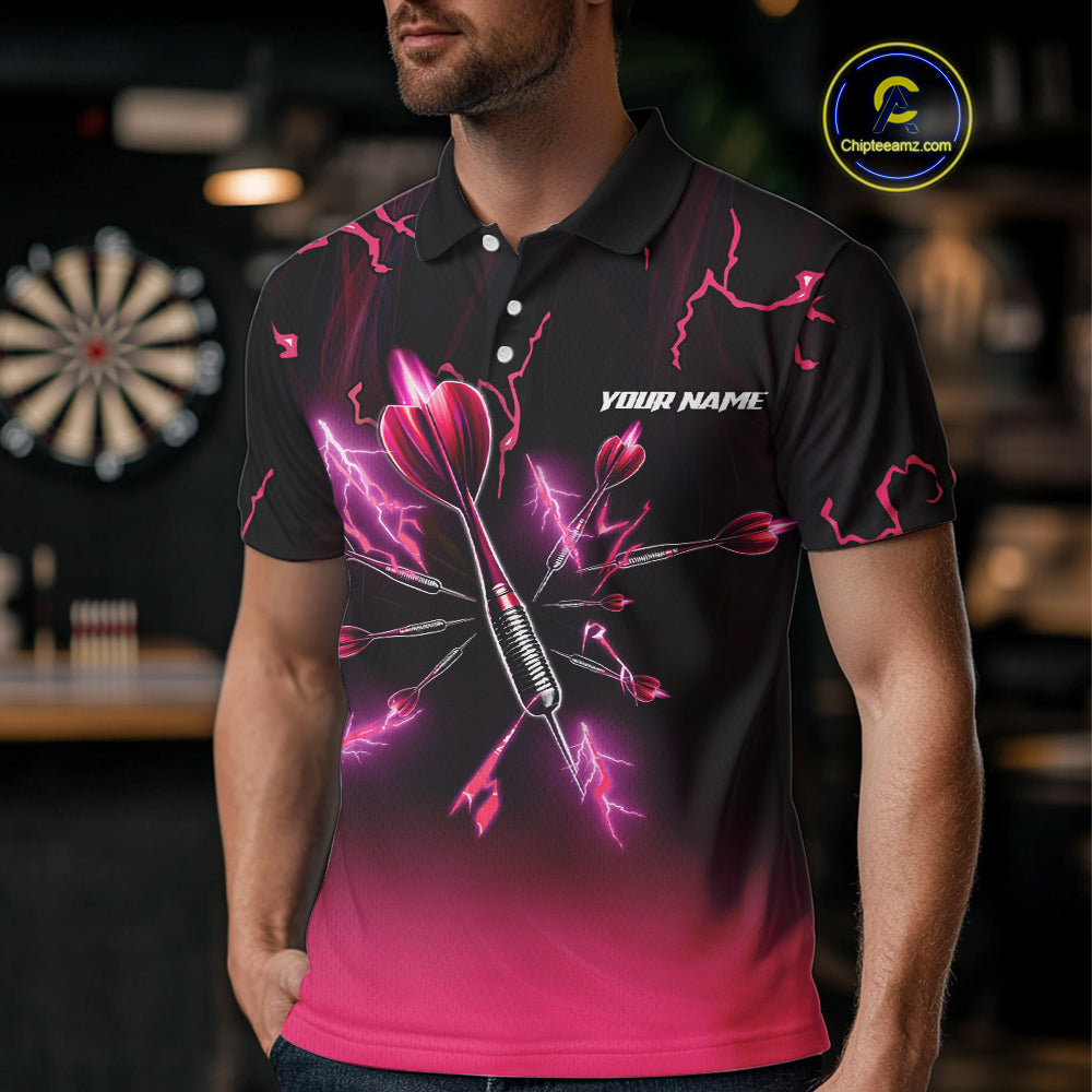 Pink And Black Lightning Arrow Custom Dart Shirts For Men| Darts Team Jersey – Polo & Quarter Zip TDM3965