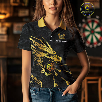 Personalized Black Gold Dragon Dart Shirts For Women Custom Darts League Team Jersey Polo & 1/4 Zip TDM4142