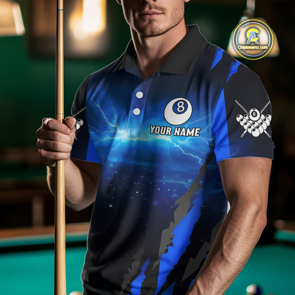 Personalized Thunder Lightning Wolf Billiard Shirt For Men, 8 Ball Billiard Team Jerseys |Blue TDM4520