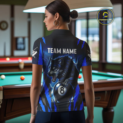 Personalized Thunder Lightning Wolf Billiard Shirt For Women, 8 Ball Billiard Team Jerseys |Blue TDM4520