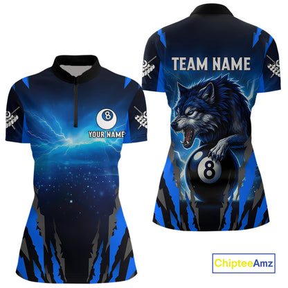Personalized Thunder Lightning Wolf Billiard Shirt For Women, 8 Ball Billiard Team Jerseys |Blue TDM4520