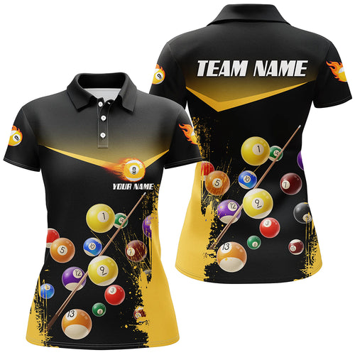 Custom Grunge Yellow 9 Ball Pool Women Polo Shirts Personalized Name 3D Billiard Shirts For Pooler TDM0304