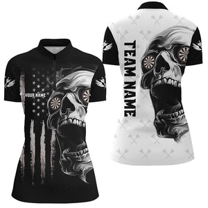 Black White Retro US Flag Skull Darts Polo & Quarter Zip Custom Darts Shirts For Women Darts Jerseys TDM2679