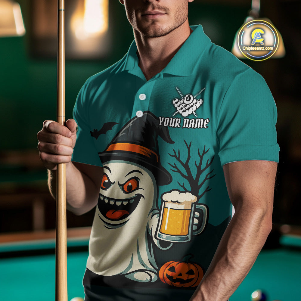 Custom Billiard Shirt Halloween Ghostly Beer Polo & 1/4 Zip For Men, Funny 8 Ball Pool Team Jersey TDM4943