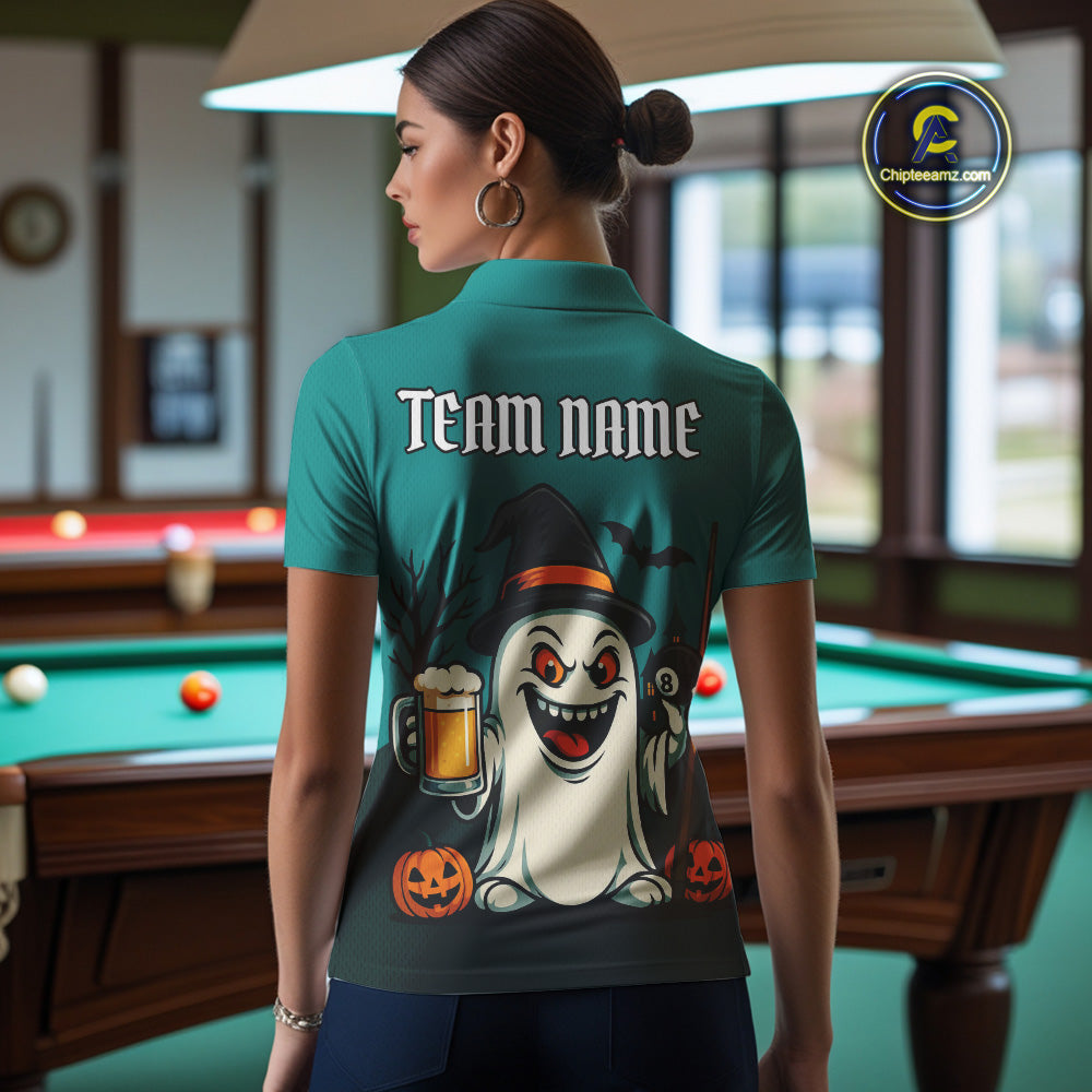 Custom Billiard Shirt Halloween Ghostly Beer Polo & 1/4 Zip For Women, Funny 8 Ball Pool Team Jersey TDM4943
