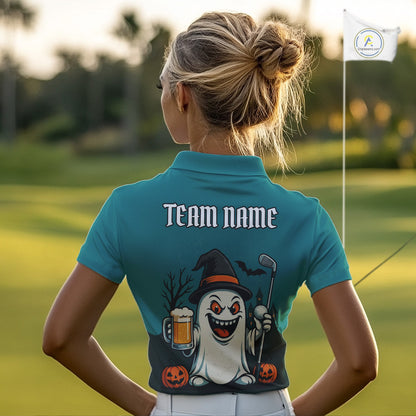 Funny Ghostly Beer Halloween Golf Polo Shirt For Women Custom Halloween Ladies Golf Outfit TDM4944