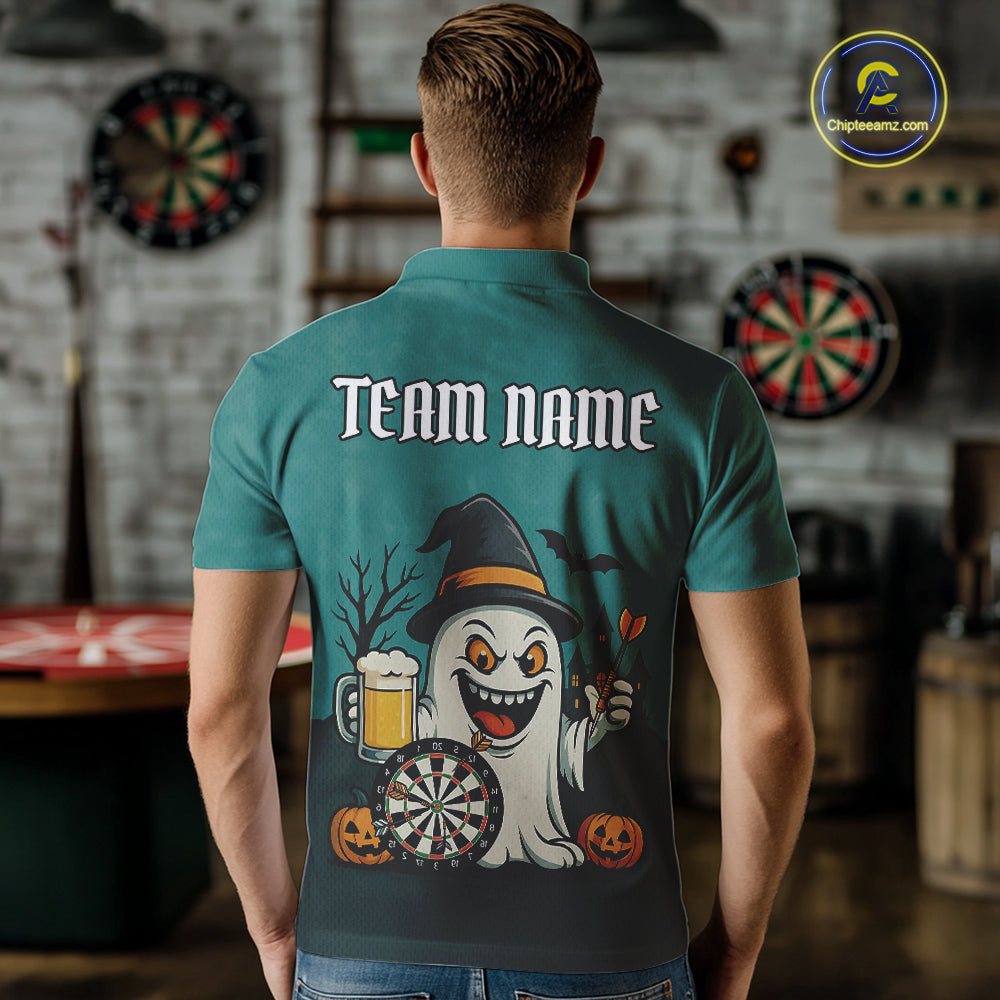 Custom Darts Shirt Halloween Ghostly Beer Polo & 1/4 Zip For Men, Funny Darts Jersey, Darts Gifts TDM4946
