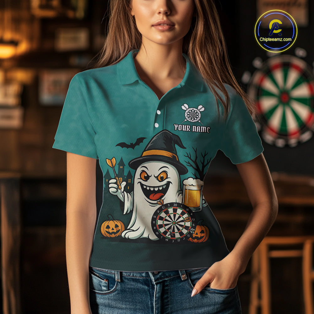 Custom Darts Shirt Halloween Ghostly Beer Polo & 1/4 Zip For Women, Funny Darts Jersey, Darts Gifts TDM4946