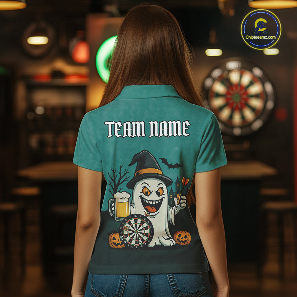 Custom Darts Shirt Halloween Ghostly Beer Polo & 1/4 Zip For Women, Funny Darts Jersey, Darts Gifts TDM4946