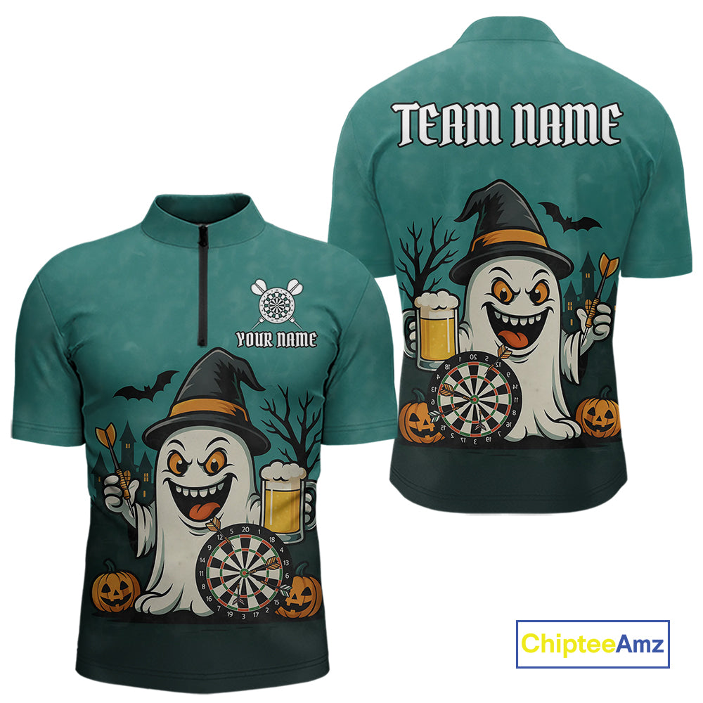 Custom Darts Shirt Halloween Ghostly Beer Polo & 1/4 Zip For Men, Funny Darts Jersey, Darts Gifts TDM4946