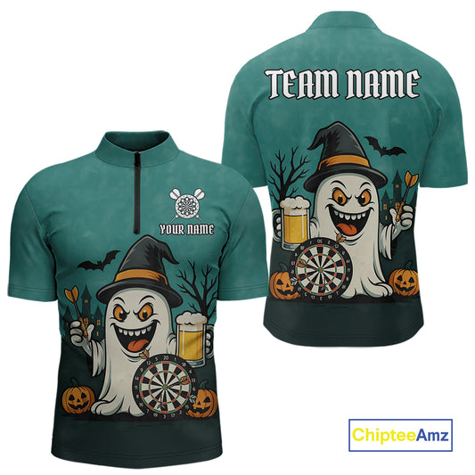 Custom Darts Shirt Halloween Ghostly Beer Polo & 1/4 Zip For Men, Funny Darts Jersey, Darts Gifts TDM4946