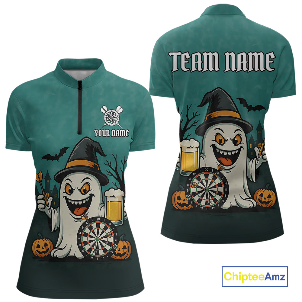 Custom Darts Shirt Halloween Ghostly Beer Polo & 1/4 Zip For Women, Funny Darts Jersey, Darts Gifts TDM4946