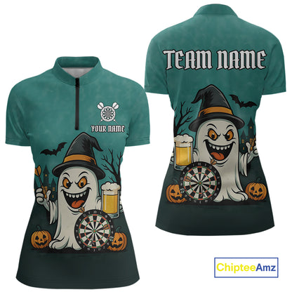 Custom Darts Shirt Halloween Ghostly Beer Polo & 1/4 Zip For Women, Funny Darts Jersey, Darts Gifts TDM4946