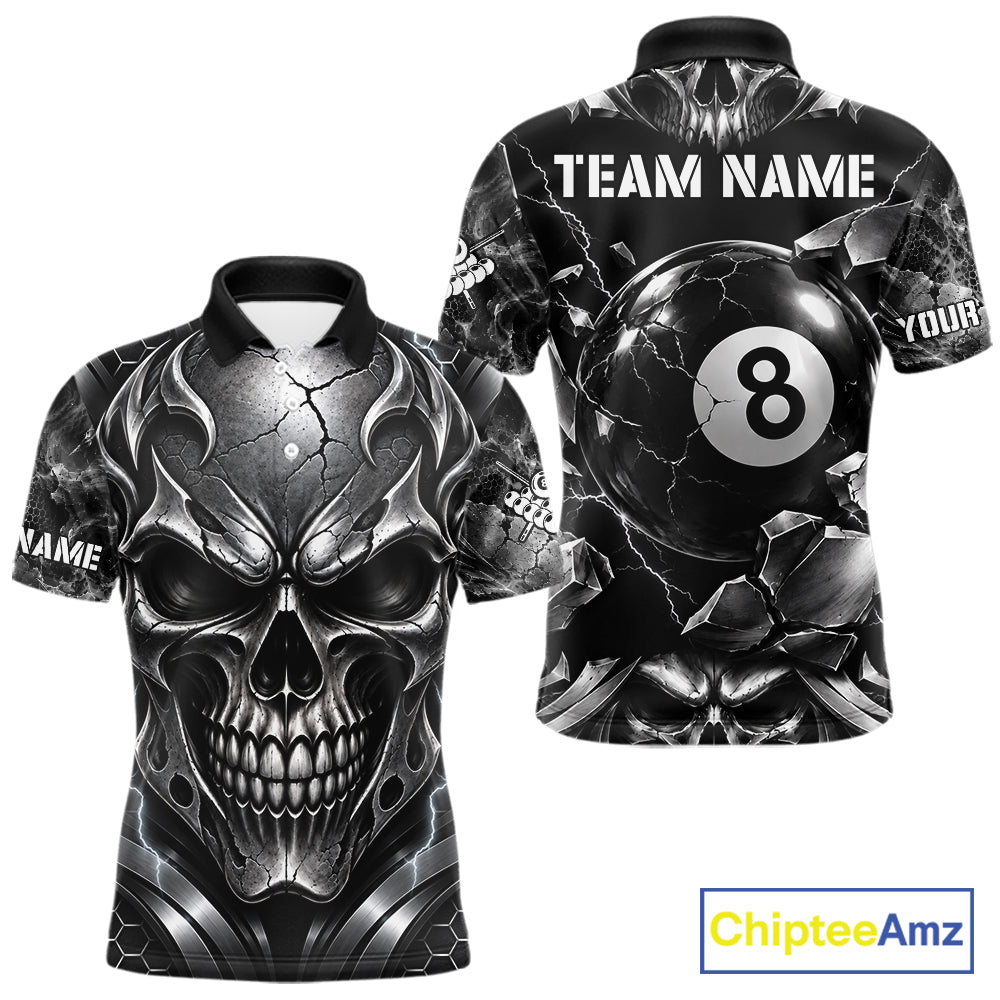Black And Silver 8 Ball Pool Skull Billiard Shirts For Men Custom Billiard League Team Jersey TDM7776